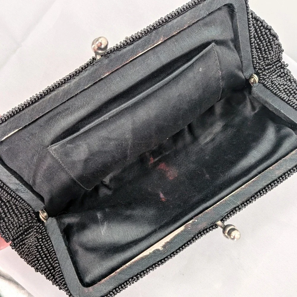 Vintage Black Beaded Clutch‎ Leaf Pattern Evening Bag Cocktail Formal
